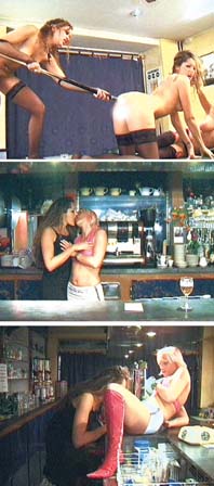 soumise française lesbienne sodomisée avec une queue de billard sur une table de billard en public