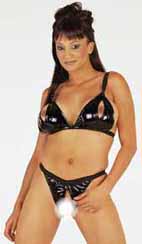 Bikini &agrave; fentes au sexe et aux t&eacute;tons en vinyl noir